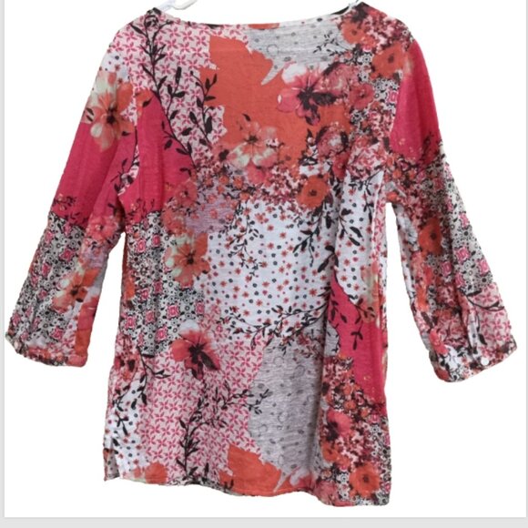 Chico's Women Size 1 = Size 8 Blouse Peasant Top Lightweight Coral Ivory Brown - Picture 2 of 5